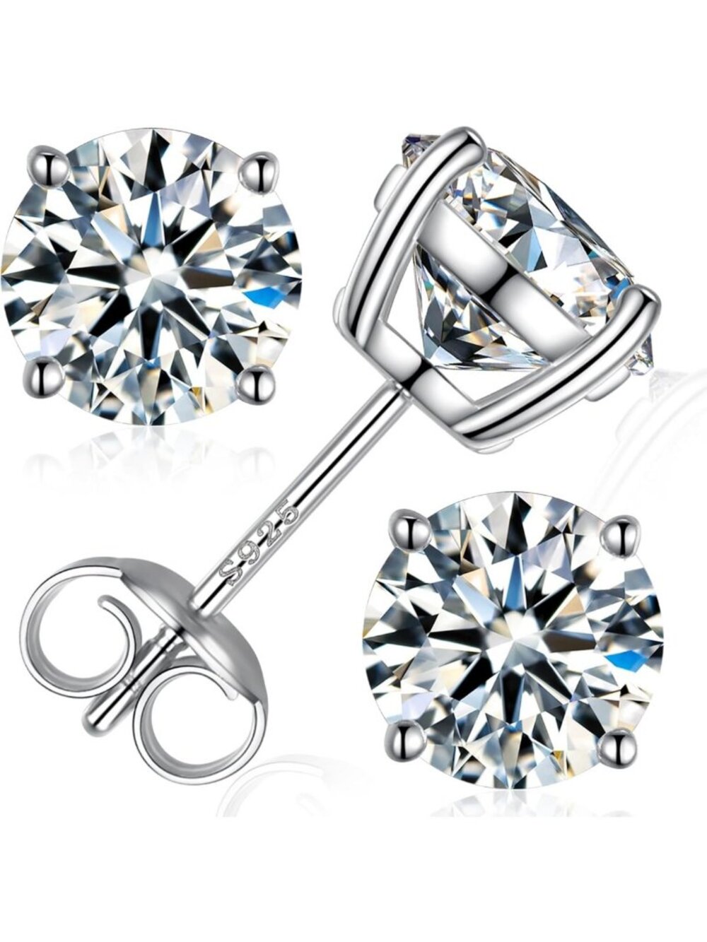 Round Cut Moissanite Stud Earrings, D Color VVS1, 18K White Gold Plated, Unisex